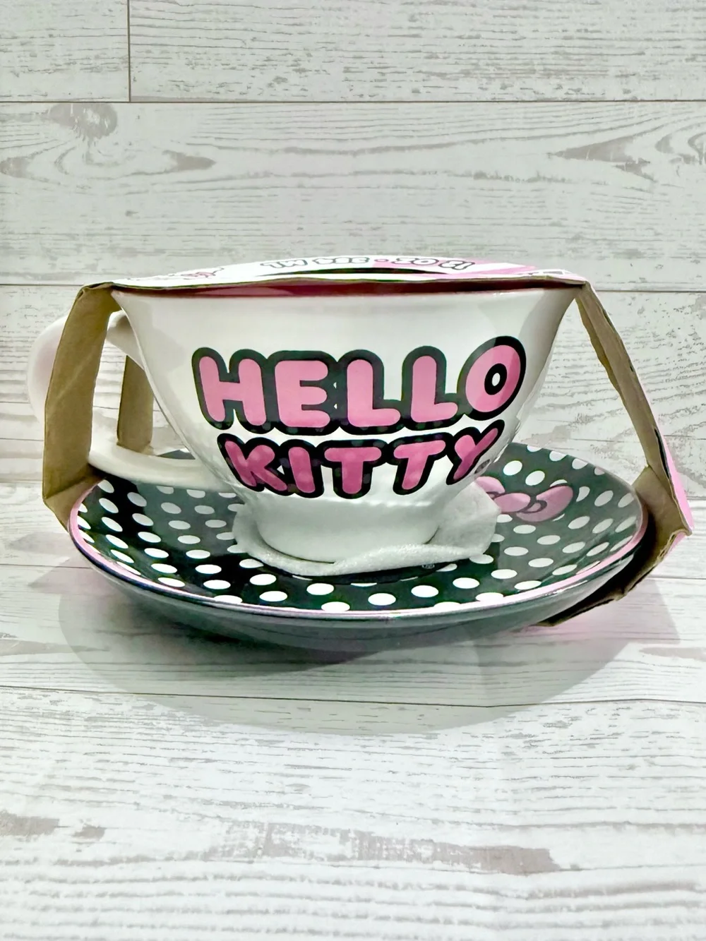 Hello Kitty Pink White and Black Ceramic Tea Cup and Saucer Set Microwave Safe